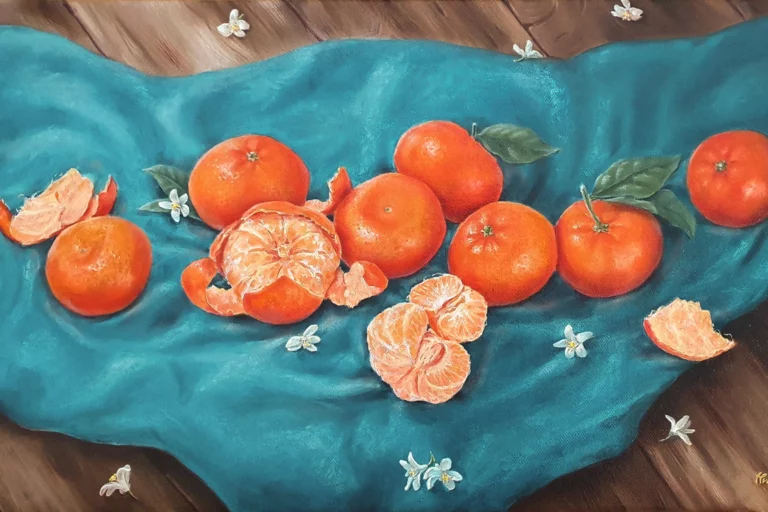 painting by Hvalina Irina, tangerines, mandarins stillife, oil on canvas art